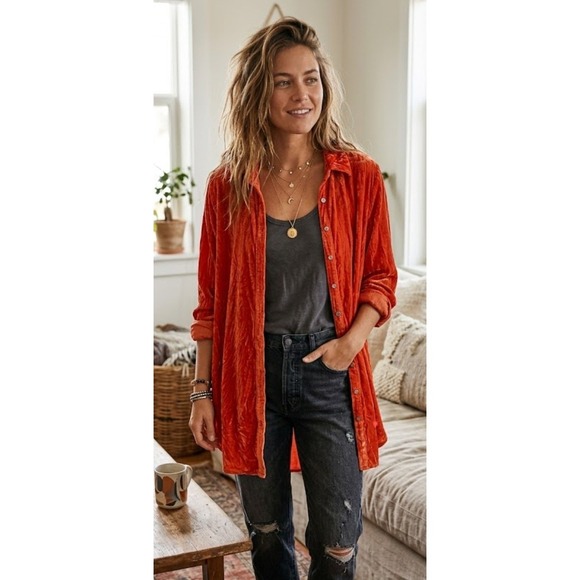 ivy jane Tops - Ivy Jane Velvet Orange Burnt Out Long SLeeve‎ Tunic Top XS Button Up Oversized